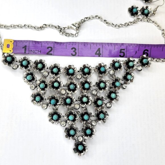 Silver Turquoise Rhinestone Flower Bib Necklace - Picture 8 of 16